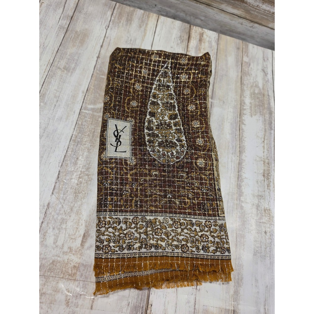 Yves Saint Laurent Scarf Mustard Gold Paisley Wool Silk‎ Metallic Lurex 54x55